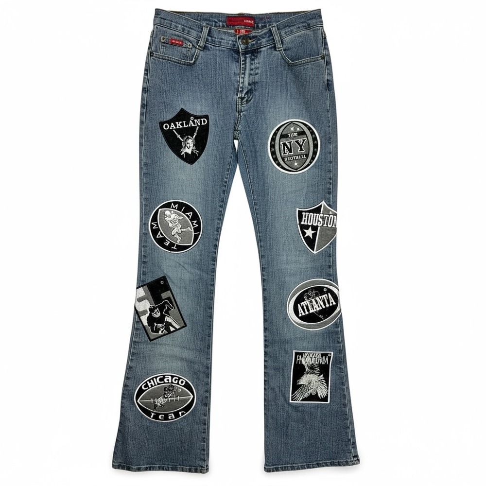 Vintage Le More 90's Bootcut Jeans Patchwork NFL Team Logos ‎ Denim Size 28x31